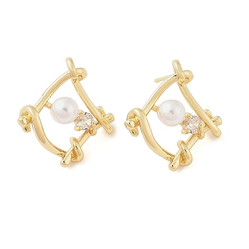 Brass Rhombus Stud Earrings for Women, with ABS Imitation Pearls & Rhinestone Rhinestone, Real 18K Gold Plated, 24x22mm