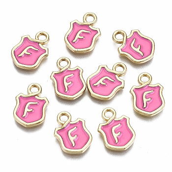 Alloy Enamel Charms, Cadmium Free & Lead Free, Shield with Initial Letters, Light Gold, Letter.F, 14x10x2mm, Hole: 2mm