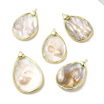 Brass Big Pendants, Natural Shell Teardrop Charms, Long-Lasting Plated, Golden, 49~57.5x32.5~33.5x6~9.5mm, Hole: 1.8~2.2mm