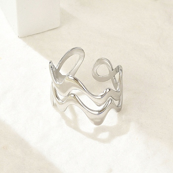 Wave 304 Stainless Steel Open Cuff Rings for Women, Stainless Steel Color, 15mm, Inner Diameter: Adjustable