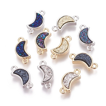 Brass Links connectors, with Druzy Resin, Moon, Mixed Color, 18.5x8.5x4~5.5mm, Hole: 1.6mm