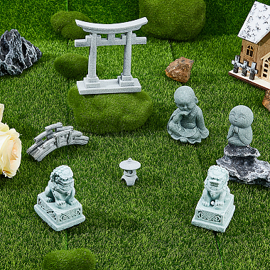 7Pcs 7 Styles Mini Sandstone Bridge & Resin Torii Gate/Lion/Ksitigarbha Buddha/Monks(DJEW-FH0001-23)-4