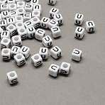 Large Hole Acrylic Letter European Beads, Horizontal Hole, White & Black, Cube with Letter.U, 7~8x7~8x7~8mm, Hole: 4mm, about 1144pcs/500g(SACR-Q103-7mm-01U)