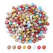 Opaque Mixed Color Acrylic Beads, Metal Enlaced, Flat Round with Random Letters, Silver Plated, 7x4mm, Hole: 1.8mm(MACR-YW0002-48B)