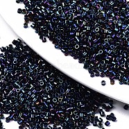 11/0 Grade A Glass Seed Beads, Cylinder, Uniform Seed Bead Size, Rainbow Plated, Prussian Blue, 1.5x1mm, Hole: 0.5mm, about 20000pcs/bag(SEED-S030-0604)