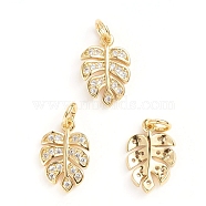 Brass Micro Pave Cubic Zirconia Pendants, Tropical Leaf Charms, with Jump Ring, Monstera Leaf, Clear, Golden, 14.5x9.5x2mm, Hole: 3mm(X-ZIRC-E164-20G)