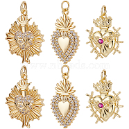 6Pcs 3 Style Rack Plating Brass Micro Pave Clear Cubic Zirconia Pendants, Cadmium Free & Nickel Free & Lead Free, Long-Lasting Plated, with Jump Ring, Sacred Heart, Real 18K Gold Plated, 21~25.5x14.5~18.5x3~4mm, Jump Ring: 5x0.5~1mm, Inner Diameter: 3~3.5mm, 2pcs/style(KK-BBC0003-03)