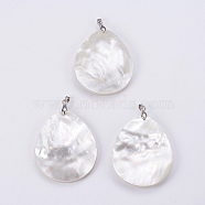 Natural White Shell Mother of Pearl Shell Big Pendants, with Platinum Tone Brass Bail, teardrop, 59x40x6~8mm, Hole: 4x5.5mm(SSHEL-L008-40P)