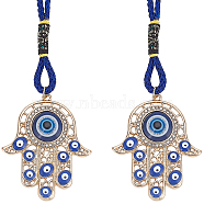 Hamsa Hand/Hand of Miriam with Evil Eye Alloy Enamel Pendant Decoration, Polyester Braided Loop Car Rearview Mirror Ornament, Golden, 143mm, 2pcs/set(HJEW-AB00157)