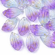 Two Tone Transparent Spray Painted Glass Pendants, with Glitter Powder, Frosted, Leaf, Dark Orchid, 22.5x12.5x4.5mm, Hole: 1mm(X-GLAA-T017-03A-B02)
