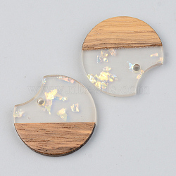Transparent Resin & Walnut Wood Pendants, with Glitter Paillettes, Gap Flat Round, Clear, 23x24.5x3mm, Hole: 2mm(RESI-S389-038A-E01)