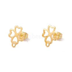 201 Stainless Steel Stud Earring Findings, with 304 Stainless Steel Pins, Horizontal Loops and Ear Nuts, Clover, Real 24K Gold Plated, 13x11mm, Hole: 1.4mm, Pin: 0.8mm(EJEW-A071-14B-G)