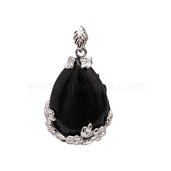 Natural Black Stone Pendants, Platinum Plated Brass Teardrop Charms, 45x30mm(PW-WG59319-03)