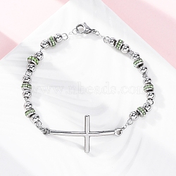 201 Stainless Steel Link Chain Bracelets, with 304 Stainless Steel Clasps and Rhinestone, Cross, Peridot, 8-1/2~8-3/4 inch(21.7~23.3cm)(BJEW-A032-01P-01)