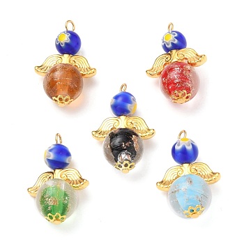 Alloy Pendants, with Round Millefiori Glass Beads, Wing Alloy Beads, Handmade Gold Sand Lampwork Beads, Angel, Golden, 29.5x18.5x12mm, Hole: 2mm