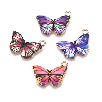 Printed Alloy Pendants, Cadmium Free & Nickel Free & Lead Free, Light Gold, Butterfly, Mixed Color, 15x20x1.5mm, Hole: 1.8mm