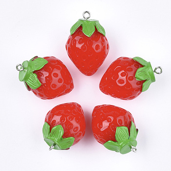 Resin Pendants, with Platinum Tone Iron Findings, Imitation Food, Strawberry, Red, 29~32x21mm, Hole: 2mm