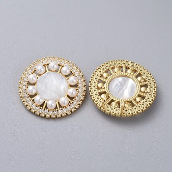 Brass Cubic Zirconia Pendants, with Shell and Shell Pearl, Religion, Flat Round with Virgin Mary, Golden, 31x5mm, Hole: 3x5.1mm