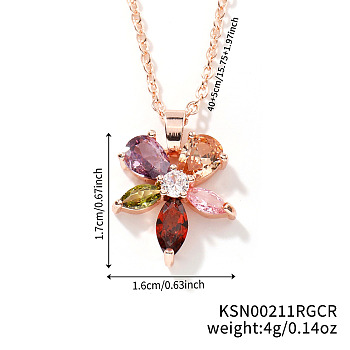 Brass Colorful Rhinestone Pendant Necklaces for Women, Fashionable and Versatile, Rose Gold, Flower, 15.75 inch(40cm)