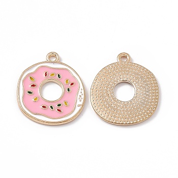 Alloy Enamel Pendants, Light Gold, Doughnut Charm, Pink, 23x19.5x1.5mm, Hole: 1.6mm