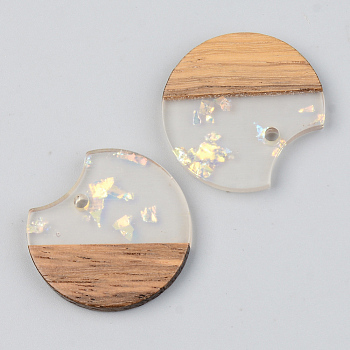 Transparent Resin & Walnut Wood Pendants, with Glitter Paillettes, Gap Flat Round, Clear, 23x24.5x3mm, Hole: 2mm