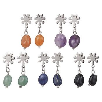 Natural Mixed Gemstone Twist Oval Dangle Stud Earrings, 304 Stainless Steel Flower Earrings, 25~26x7mm