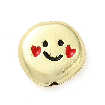 Alloy Enamel Beads, Flat Round with Smiling Face Pattern Beads, Golden, Red, 12x12x4mm, Hole: 1.5mm