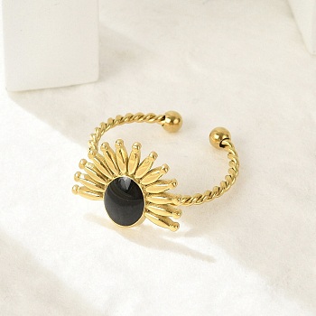 Flower 304 Stainless Steel Enamel Open Cuff Rings for Women, Golden, Black, Flower: 13x15mm, Inner Diameter: Adjustable