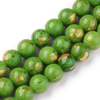 Natural Mashan Jade Beads Strands, with Gold Foil, Dyed, Round, Lime Green, 6mm, Hole: 1mm, about 70pcs/strand, 15.75 inch(40cm)