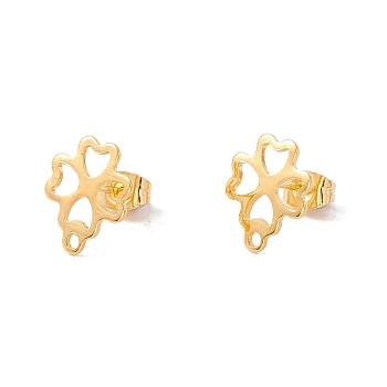 201 Stainless Steel Stud Earring Findings, with 304 Stainless Steel Pins, Horizontal Loops and Ear Nuts, Clover, Real 24K Gold Plated, 13x11mm, Hole: 1.4mm, Pin: 0.8mm