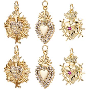 6Pcs 3 Style Rack Plating Brass Micro Pave Clear Cubic Zirconia Pendants, Cadmium Free & Nickel Free & Lead Free, Long-Lasting Plated, with Jump Ring, Sacred Heart, Real 18K Gold Plated, 21~25.5x14.5~18.5x3~4mm, Jump Ring: 5x0.5~1mm, Inner Diameter: 3~3.5mm, 2pcs/style