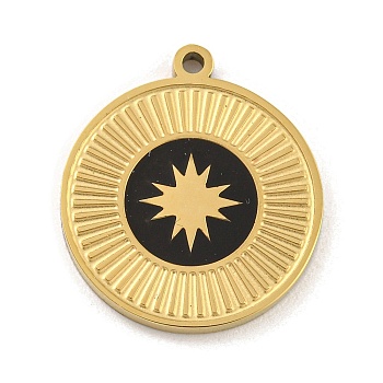 316 Surgical Stainless Steel Enamel Pendants, Flat Round with Star Charm, Black, 17x15x1.8mm, Hole: 1.2mm