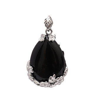 Natural Black Stone Pendants, Platinum Plated Brass Teardrop Charms, 45x30mm