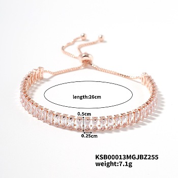 Simple and Elegant Minimalist Style Brass Crystal Rhinestone Box Chain Slider Women's Bracelets, Rose Gold, 10-1/4 inch(26cm)