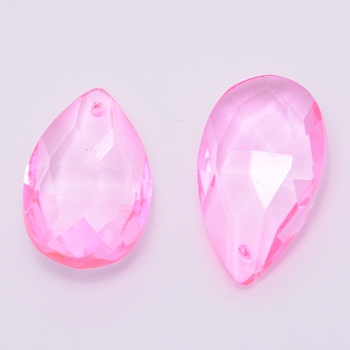Transparent Glass Pendants, Teardrop, Faceted, Pearl Pink, 38x22x12mm, Hole: 1.8mm