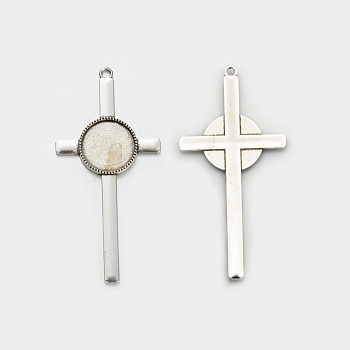 Tibetan Style Alloy Cross Pendant Cabochon Settings, Antique Silver, Flat Round Tray: 20mm, 83x40x3mm, Hole: 3mm, about 125pcs/kg