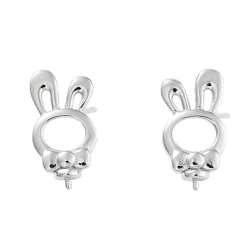 925 Sterling Silver Stud Earrings Findings, Rabbit with Bowknot , Real Platinum Plated, 15x8mm, Pin: x11mm and 0.6mm