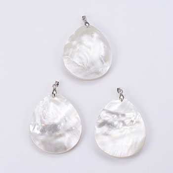 Natural White Shell Mother of Pearl Shell Big Pendants, with Platinum Tone Brass Bail, teardrop, 59x40x6~8mm, Hole: 4x5.5mm