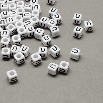 Large Hole Acrylic Letter European Beads, Horizontal Hole, White & Black, Cube with Letter.U, 7~8x7~8x7~8mm, Hole: 4mm, about 1144pcs/500g