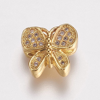 Brass Micro Pave Cubic Zirconia Beads, Butterfly, Clear, Golden, 10x11x4.5mm, Hole: 1mm