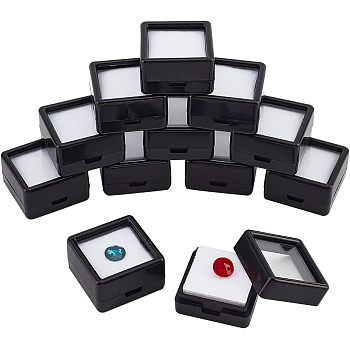 Plastic Loose Diamond Display Boxes, with Clear Glass Cover and Sponge Inside, for Gemstone, Jewelry Storage, Square, Black, 3x3x1.65cm, Inner Diameter: 2.4x2.4x0.8cm