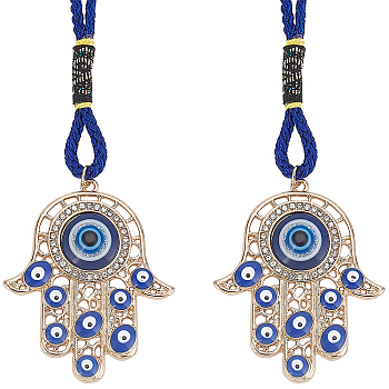 Hamsa Hand/Hand of Miriam with Evil Eye Alloy Enamel Pendant Decoration, Polyester Braided Loop Car Rearview Mirror Ornament, Golden, 143mm, 2pcs/set