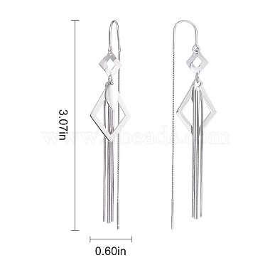 Rhodium Plated 925 Sterling Silver Rhombus with Chain Tassel Dangle Earrings(JE1048A)-2