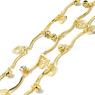 Handmade Eco-friendly Brass Curved Bar Link Chain, with Heart and Glass Charm, Long-Lasting Plated, Soldered, with Spool, Golden, 15.5x1.5x1mm(CHC-E023-30G)