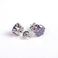 Flat Round 304 Stainless Steel Cubic Zirconia Stud Earrings, Medium Purple, 5mm, Pin: 0.9mm(EJEW-H306-43-5mm)