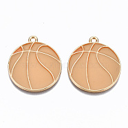 Alloy Enamel Pendants, Cadmium Free & Lead Free, Light Gold, Flat Round with Basketball Style, Dark Orange, 28x25x1mm, Hole: 1.8mm(X-ENAM-S127-015-RS)