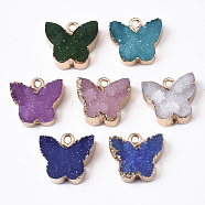 Druzy Resin Pendants, with Edge Light Gold Plated Iron Loops, Butterfly, Mixed Color, 14.5x16x6.5mm, Hole: 1.8mm(RESI-R428-017)