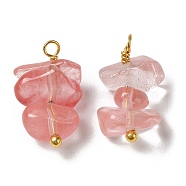 Cherry Quartz Glass Pendants, Nuggets Charms with Real 18K Gold Plated Brass Loops, 13~19x7~13x5~7mm, Hole: 1.5~1.6mm(KK-P242-31G-07)