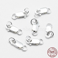 925 Sterling Silver Lobster Claw Clasps, with Jump Rings, Rectangle, Silver, 14mm, Hole: 2.5mm, Clasp: 8x4x2mm(X-STER-G019-05-8mm)
