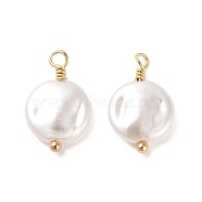 ABS Plastic Imitation Pearl Pendants, with Real 18K Gold Plated Rack Plating Brass Findings, Flat Round Charm, White, 16x10x3.5mm, Hole: 1.8mm(KK-M266-35G)